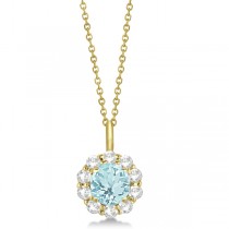 Halo Diamond and Aquamarine Lady Di Pendant Necklace 18k Yellow Gold (1.69ct)