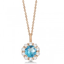 Halo Diamond and Blue Topaz Lady Di Pendant Necklace 14K Rose Gold (1.69ct)