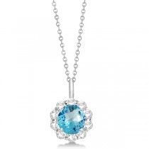 Halo Diamond and Blue Topaz Lady Di Pendant Necklace 14K White Gold (1.69ct)
