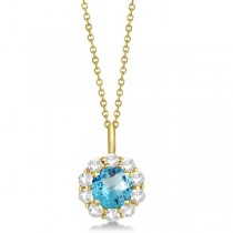 Halo Diamond and Blue Topaz Lady Di Pendant Necklace 14K Yellow Gold (1.69ct)