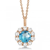 Halo Diamond and Blue Topaz Lady Di Pendant Necklace 18k Rose Gold (1.69ct)