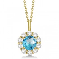 Halo Diamond and Blue Topaz Lady Di Pendant Necklace 18k Yellow Gold (1.69ct)