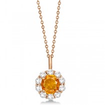 Halo Diamond and Citrine Lady Di Pendant Necklace 14K Rose Gold (1.69ct)