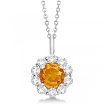 Halo Diamond and Citrine Lady Di Pendant Necklace 14K White Gold (1.69ct)