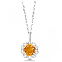 Halo Diamond and Citrine Lady Di Pendant Necklace 18k White Gold (1.69ct)