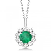 Halo Diamond and Emerald Lady Di Pendant Necklace 14K White Gold (1.69ct)