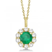 Halo Diamond and Emerald Lady Di Pendant Necklace 14K Yellow Gold (1.69ct)