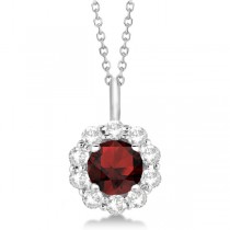 Halo Diamond and Garnet Lady Di Pendant Necklace 14K White Gold (1.69ct)