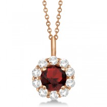 Halo Diamond and Garnet Lady Di Pendant Necklace 18k Rose Gold (1.69ct)