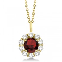Halo Diamond and Garnet Lady Di Pendant Necklace 18k Yellow Gold (1.69ct)