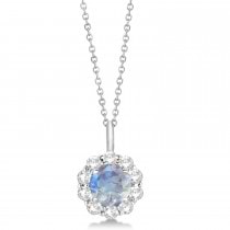 Halo Diamond and Moonstone Lady Di Pendant Necklace 14K White Gold (1.69ct)