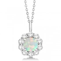 Halo Diamond and Opal Lady Di Pendant Necklace 18k White Gold (1.69ct)
