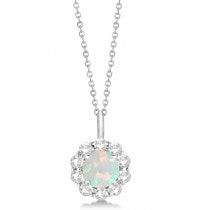 Halo Diamond and Opal Lady Di Pendant Necklace 18k White Gold (1.69ct)