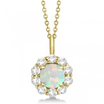 Halo Diamond and Opal Lady Di Pendant Necklace 18k Yellow Gold (1.69ct)
