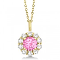 Halo Diamond and Pink Tourmaline Lady Di Pendant Necklace 14K Yellow Gold (1.69ct)