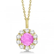 Halo Diamond and Pink Sapphire Lady Di Pendant Necklace 14K Yellow Gold (1.69ct)