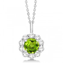Halo Diamond and Peridot Lady Di Pendant Necklace 18k White Gold (1.69ct)