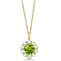 Halo Diamond and Peridot Lady Di Pendant Necklace 18k Yellow Gold (1.69ct)