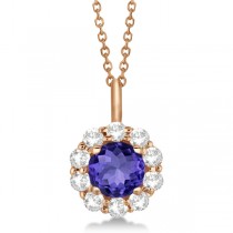 Halo Diamond and Tanzanite Lady Di Pendant Necklace 14K Rose Gold (1.69ct)