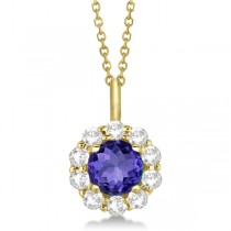 Halo Diamond and Tanzanite Lady Di Pendant Necklace 14K Yellow Gold (1.69ct)