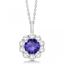 Halo Diamond and Tanzanite Lady Di Pendant Necklace 18k White Gold (1.69ct)