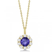 Halo Diamond and Tanzanite Lady Di Pendant Necklace 18k Yellow Gold (1.69ct)