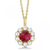 Halo Diamond and Ruby Pendant Necklace 14K Yellow Gold (1.69ct)