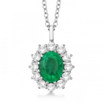 Oval Lab Emerald & Lab  Diamond Pendant Necklace 18k White Gold (3.60ctw)