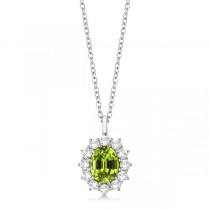 Oval Peridot & Diamond Pendant Necklace 14k white Gold (3.60ctw)