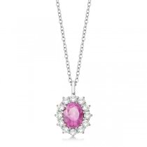 Oval Lab Pink Sapphire & Lab  Diamond Pendant Necklace 14k white Gold (3.60ctw)