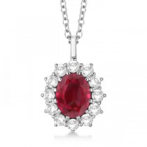 Oval Lab Ruby & Lab  Diamond Pendant Necklace 18k White Gold (3.60ctw)