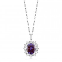 Oval Lab Alexandrite and Diamond Pendant Necklace 14k White Gold (3.60ctw)