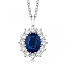 Oval Lab Blue Sapphire & Lab  Diamond Pendant Necklace 14k White Gold (3.60ctw)