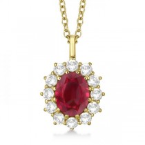 Oval Lab Ruby and Lab  Diamond Pendant Necklace 14k Yellow Gold (3.60ctw)