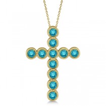 Blue Diamond Cross Pendant Necklace 14k Yellow Gold (1.57ct)