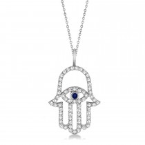 Diamond & Blue Sapphire Hamsa Evil Eye Pendant Necklace 14k White Gold (0.51ct)