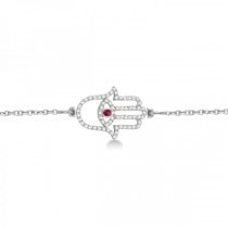 Diamond & Ruby Hamsa Evil Eye Chain Bracelet 14k White Gold (0.51ct)