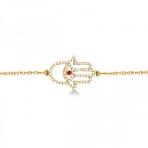 Diamond & Ruby Hamsa Evil Eye Chain Bracelet 14k Yellow Gold (0.51ct)