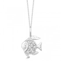 Pave Set Fish Shaped Diamond Pendant Necklace 14k White Gold 0.06ct