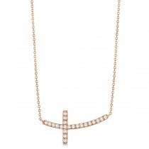 Diamond Sideways Curved Cross Pendant Necklace 14k Rose Gold 0.33ct