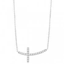 Diamond Sideways Curved Cross Pendant Necklace 14k White Gold 0.33ct