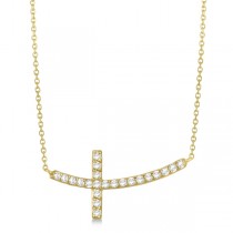 Diamond Sideways Curved Cross Pendant Necklace 14k Yellow Gold 0.33ct