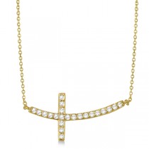 Diamond Sideways Curved Cross Pendant Necklace 14k Yellow Gold 0.50ct
