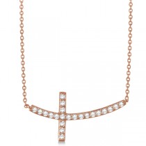 Diamond Sideways Curved Cross Pendant Necklace 14k Rose Gold 0.75ct