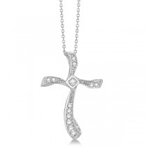Classic Curved Diamond Cross Pendant Necklace in 14k White Gold 0.25ct