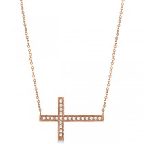 Antique Sideways Diamond Cross Pendant Necklace 14k Rose Gold 0.31 ct