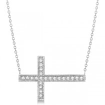 Antique Sideways Diamond Cross Pendant Necklace 14k White Gold 0.31 ct