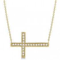 Antique Sideways Diamond Cross Pendant Necklace 14k Yellow Gold 0.31 ct
