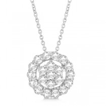 Diamond Halo & Cluster Pendant Necklace Pave Set 14k White Gold 1.00ct