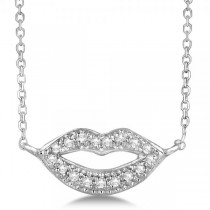 Pave Set Dazzling Diamond Lips Pendant Necklace 14k White Gold 0.09
